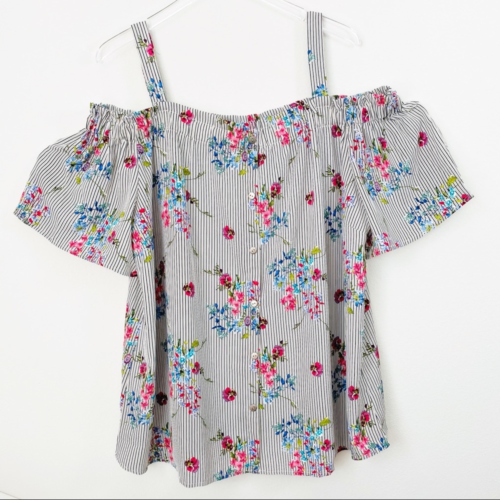 JANETTE PLUS Pinstripe and Floral Button Blouse 2X